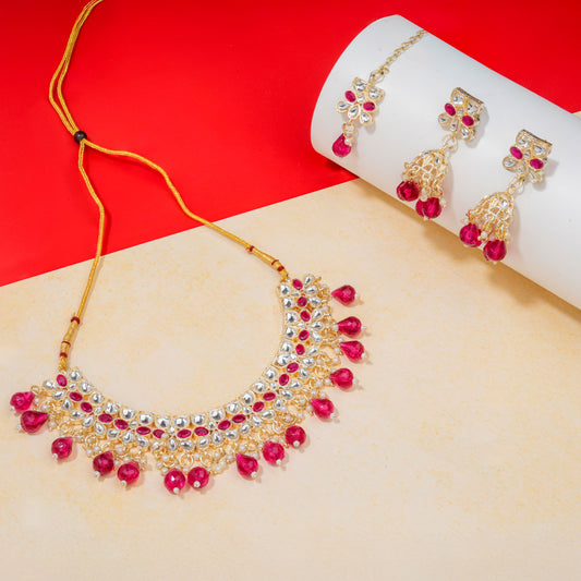 Gold Plated Kundan Stones Necklace Choker wedding Set for Women with Maangtika & Earrings .Cherry