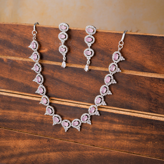 Rhodium Plated American diamond Necklace jewelry set with Earrings.