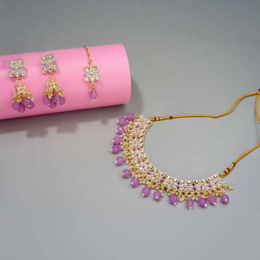 Gold Plated Kundan Stones Necklace Choker wedding Set for Women with Maangtika & Earrings .Purple