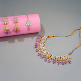 Gold Plated Kundan Stones Necklace Choker wedding Set for Women with Maangtika & Earrings .Purple