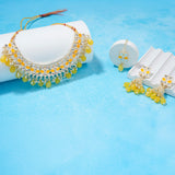 Gold Plated Kundan Stones Necklace Choker wedding Set for Women with Maangtika & Earrings .Yellow