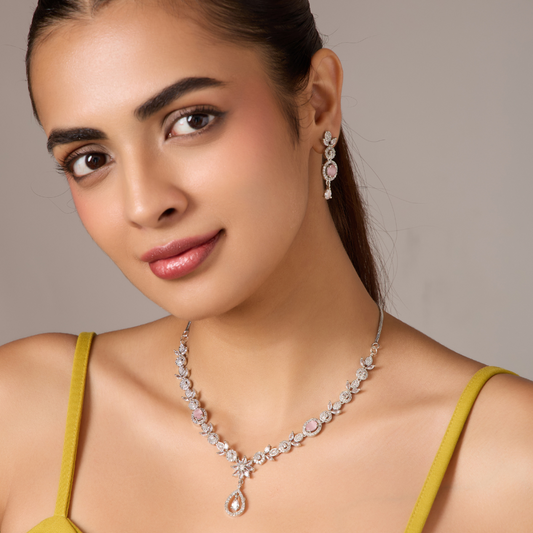 Rhodium plated American diamond Necklace jewelry set with Earrings