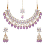 Gold Plated Kundan Stones Necklace Choker wedding Set for Women with Maangtika & Earrings .Purple