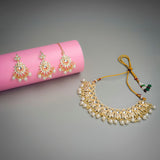 Gold Plated Kundan and Pearl Necklace Choker set for Women with Maangtika & Earrings .