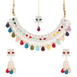 Gold Plated Kundan Stones Necklace Choker wedding Set for Women with Maangtika & Earrings .multicolor