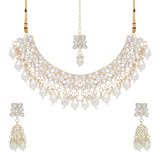 Gold Plated Kundan Stones Necklace Choker wedding Set for Women with Maangtika & Earrings .Off white