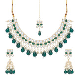 Gold Plated Kundan Stones Necklace Choker set for Women with Maangtika & Earrings .