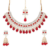 Gold Plated Kundan Stones Necklace Choker wedding Set for Women with Maangtika & Earrings .Red