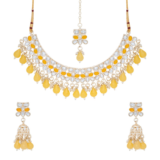 Gold Plated Kundan Stones Necklace Choker wedding Set for Women with Maangtika & Earrings .Yellow
