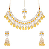 Gold Plated Kundan Stones Necklace Choker wedding Set for Women with Maangtika & Earrings .Yellow