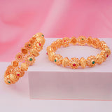 Gold plated Designer bangles set with green and red gemstones for women