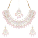 Gold Plated Kundan Stones Necklace Choker wedding Set for Women with Maangtika & Earrings .Pink Color