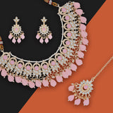 Gold Plated Kundan Stones Necklace Choker wedding Set for Women with Maangtika & Earrings .Pink Color