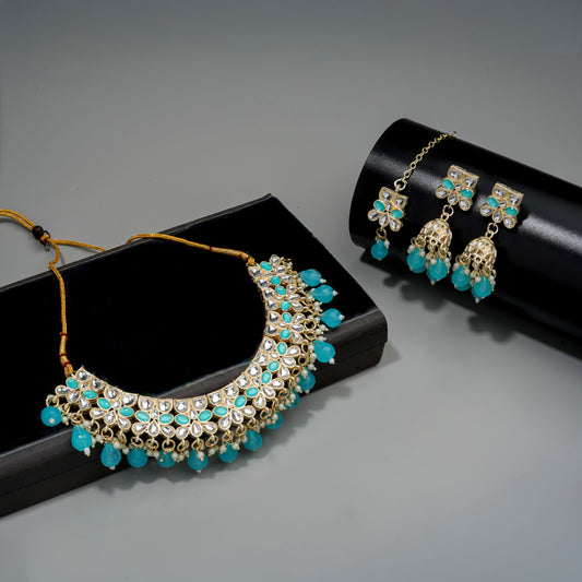 Gold Plated Kundan Stones Necklace Choker wedding Set for Women with Maangtika & Earrings