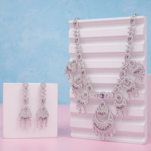 Rhodium Plated American Diamond Necklace Jewelry wedding bridal set with matching Earrings for women . Wedding Neckpiece gift for Girls