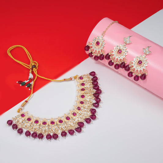 Gold Plated Kundan Stones Necklace Choker wedding Set for Women with Maangtika & Earrings .Magenta color