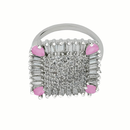 Western Style American Diamond Rhodium plated Adjustable Ring for Women -Pink