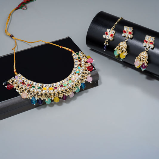 Gold Plated Kundan Stones Pearl Necklace Choker set for Women with Maangtika & Earrings .