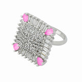 Western Style American Diamond Rhodium plated Adjustable Ring for Women -Pink