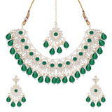 Gold Plated Kundan Stones Necklace Choker wedding Set for Women with Maangtika & Earrings .