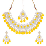 Gold Plated Kundan Stones Necklace Choker wedding Set for Women with Maangtika & Earrings .Yellow Color