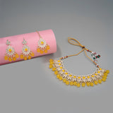 Gold Plated Kundan Stones Necklace Choker wedding Set for Women with Maangtika & Earrings .Yellow Color