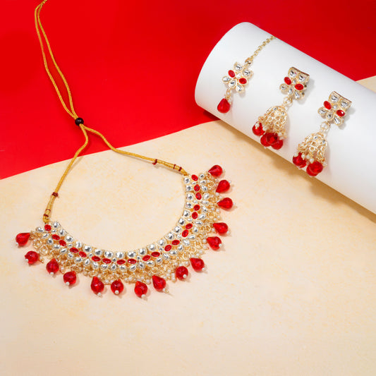 Gold Plated Kundan Stones Necklace Choker wedding Set for Women with Maangtika & Earrings .Red