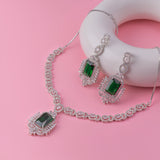 Rhodium Plated American diamond Necklace Pendant chain jewelry set with pair of Earrings.