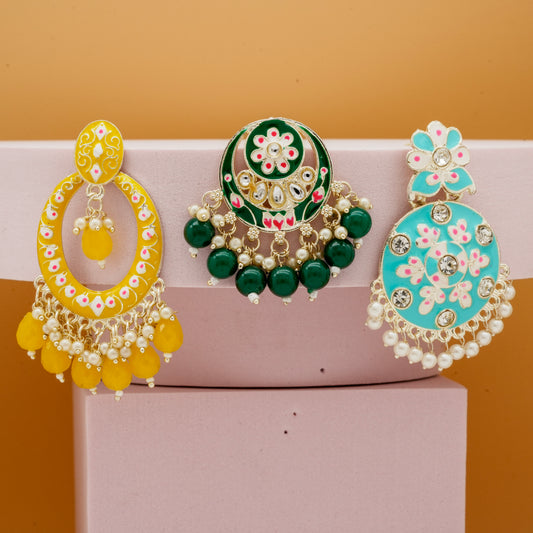 Traditional Kundan & Pearl Combo Dangle drop Earrings Set for Girls & Women