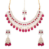Gold Plated Kundan Stones Necklace Choker wedding Set for Women with Maangtika & Earrings .Cherry