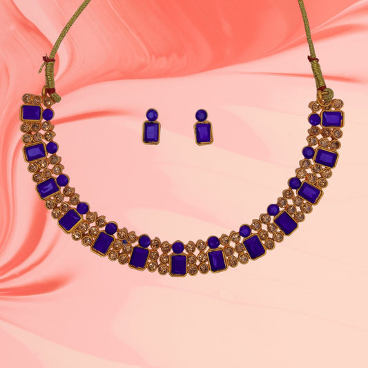 Indian Traditional Gold Plated Stone & Beads Choker Necklace Set with Earrings Jewellery Set for Women.Blue