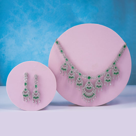 Rhodium Plated American Diamond Necklace Jewelry wedding bridal set with matching Earrings for women . Green color Wedding Neckpiece gift for Girls