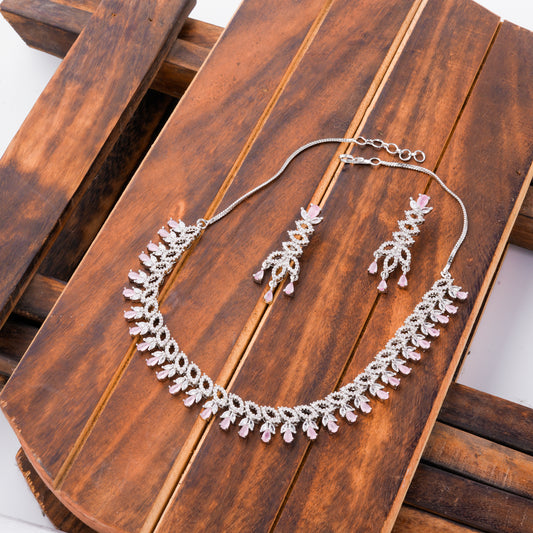 Rhodium Plated American Diamond / CZ Bridal Necklace Jewelry set with Earrings for women.