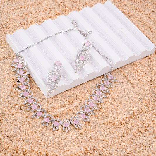 Rhodium Plated American Diamond /AD Wedding Necklace Jewelry set with matching Earrings for women. Gift for women & Girls