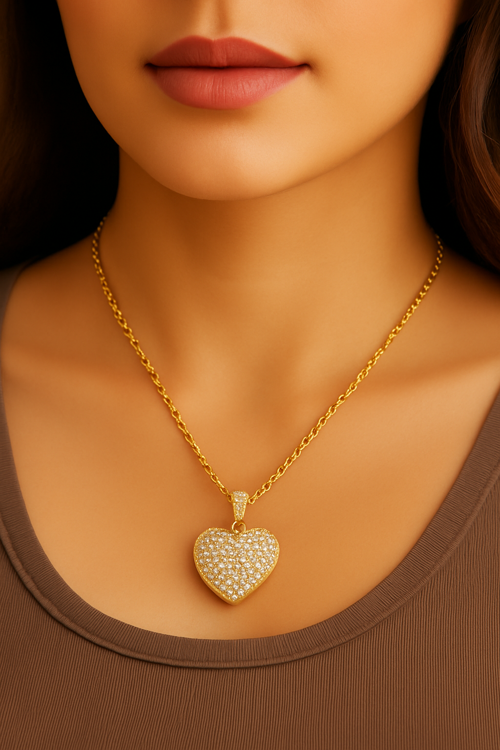 Close-up of a person wearing a gold heart-shaped necklace with a brown top.