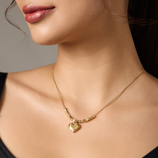 Gold-Tone Double Layer Chain Necklace set Heart shaped Pendant for women & girls