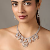 Rhodium Plated American Diamond /AD Wedding Necklace Jewelry set with matching Earrings for women . Wedding gift for Girls