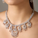 Rhodium Plated American Diamond /AD Wedding Necklace Jewelry set with matching Earrings for women . Wedding gift for Girls