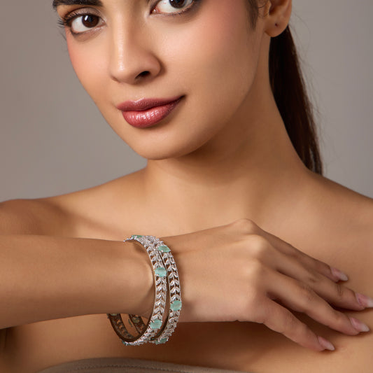 American diamond Bangles Kada type set for women with green Gemstones