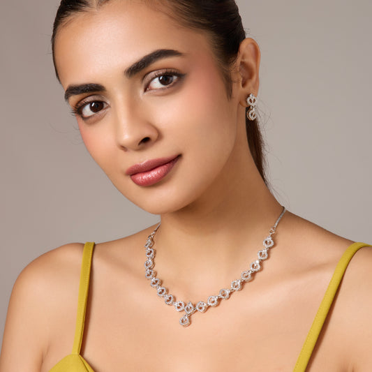Rhodium Plated American diamond Necklace chain jewelry set for women with pair of Earrings.