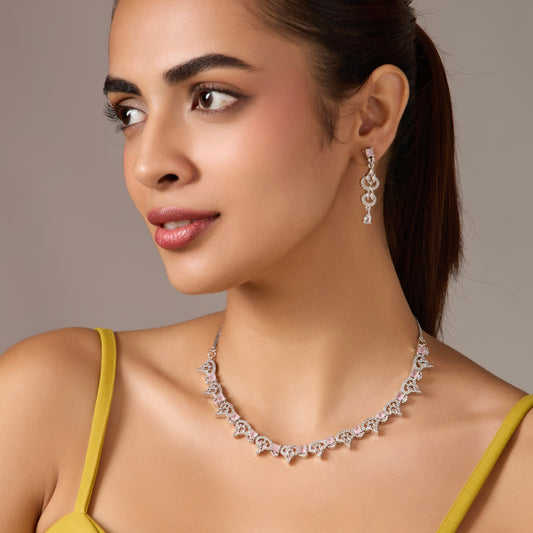 Rhodium Plated American Diamond /AD Wedding Necklace Jewelry set with matching Earrings for women and Girls