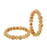 Gold plated Designer bangles set with green and red gemstones for women