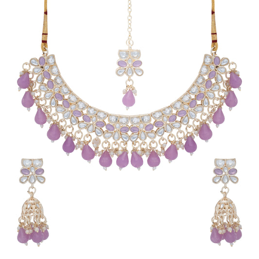 Gold Plated Kundan Stones Necklace Choker wedding Set for Women with Maangtika & Earrings .Purple
