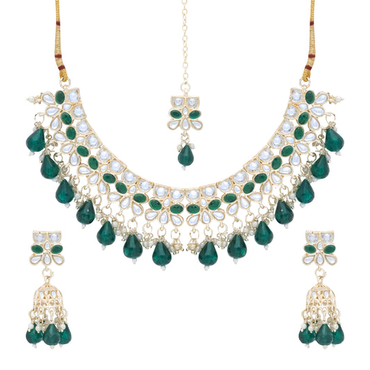 Gold Plated Kundan Stones Necklace Choker set for Women with Maangtika & Earrings .