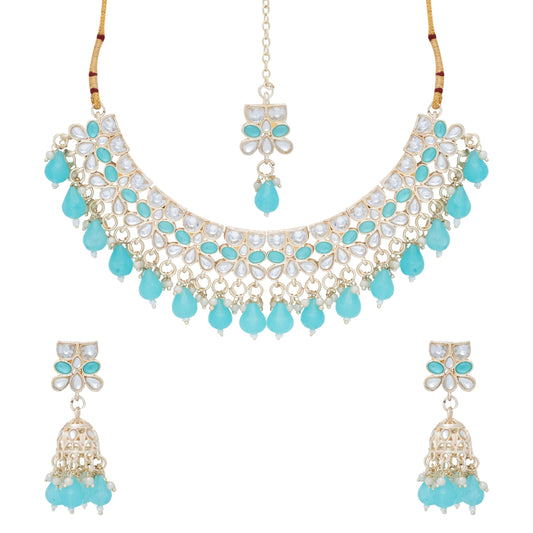 Gold Plated Kundan Stones Necklace Choker wedding Set for Women with Maangtika & Earrings
