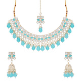 Gold Plated Kundan Stones Necklace Choker wedding Set for Women with Maangtika & Earrings