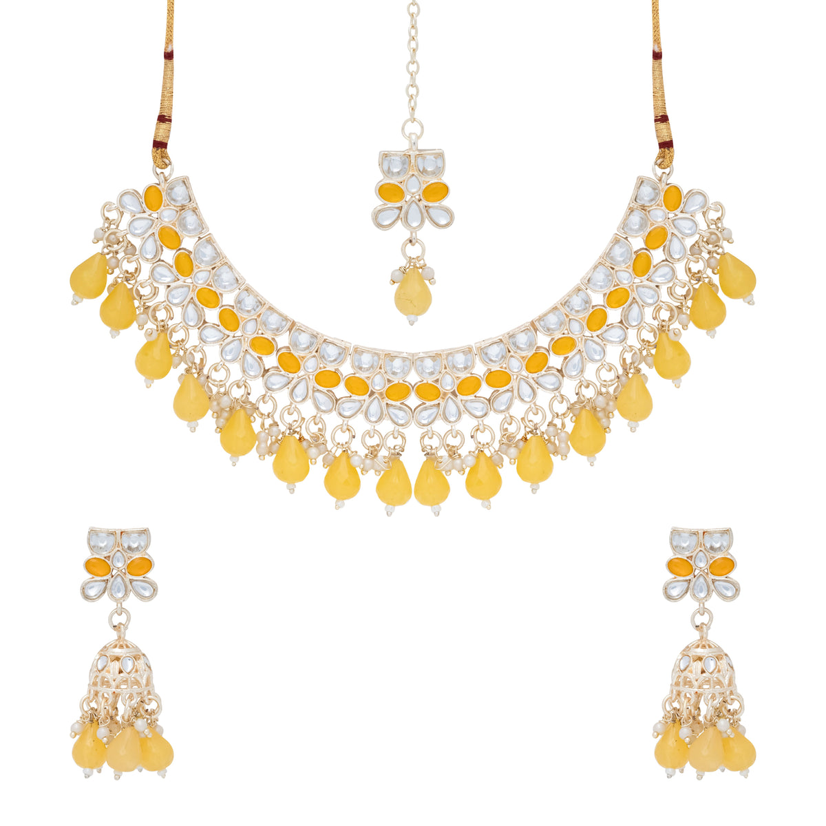 Gold Plated Kundan Stones Necklace Choker wedding Set for Women with Maangtika & Earrings .Yellow