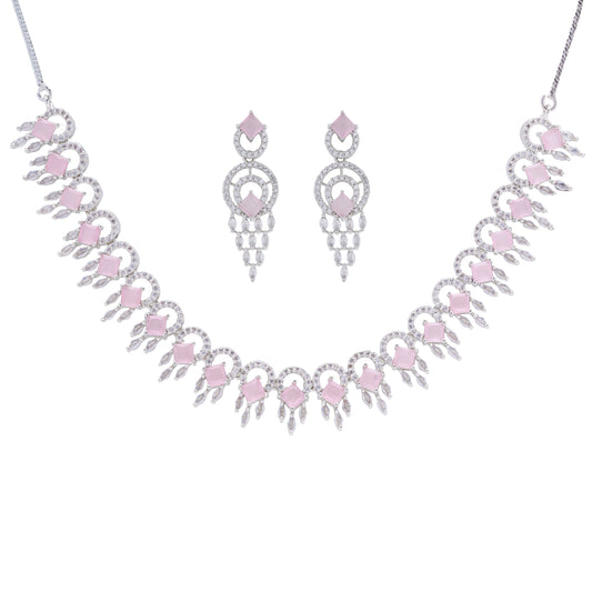 Rhodium Plated American Diamond /AD Wedding Necklace Jewelry set with matching Earrings for women. Gift for women & Girls