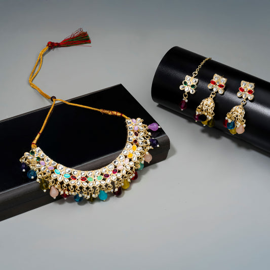 Gold Plated Kundan Stones Necklace Choker wedding Set for Women with Maangtika & Earrings .multicolor
