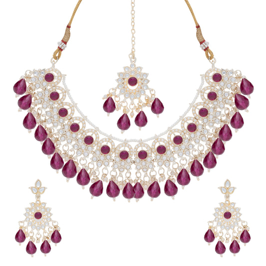 Gold Plated Kundan Stones Necklace Choker wedding Set for Women with Maangtika & Earrings .Magenta color